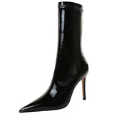 Shoes Patent Leather Mid-Calf Boots Women Sexy High-heel Boots Stiletto Women Elastic Leather Boots Autumn Winter