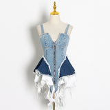 Zingj 2024 New Sexy V Collar Color Splicing Cowboy Zipper Waist Vest Irregular Halter Top