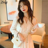 Spring Lace Vintage Fairy Dress Women Elegant Flare Sleeve Korean Party Midi Dress Casual Office Lady Slim Y2k Kawaii