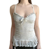 Zingj Desire Sexy Wind Wood Ear V Collar Sling Female Bow Chest Knit Mesh Splicing