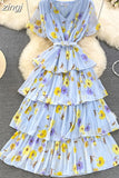 Women Floral Ruffle Pleated Long Dress Vintage V-Neck Short Sleeve High Waist Tierred Maxi Robe Vacation Beach