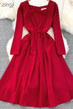Vintage Women Square Collar Midi Dress Elegant Green/Pink/Red High Waist Slim Draped Big Swing Vestidos Female Robe