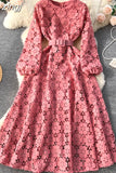 Autumn Women Hook Flower Hollow Party Long Dress Vintage Round Neck Puff Sleeve High Waist A-Line Maxi Vestidos New