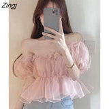 T-shirts Women Chic Summer Tops New Slim Mesh Hotsweet Girls Ruffles French Stylish Vintage Gentle Printed