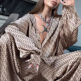 Zingj New Women's Spring Premium Long Sleeve Loose Shirt Trousers Two-Piece Satin Print Suit-Outfit