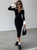 Casual Flare Sleeve Skinny Solid Midi Dress Female Elegant Ruched Buttons Up Autumn Shirt Dress Slim Ladies