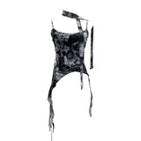 Girls Newspaper Tie-Dye Printing Net Waste Vest Irregular Rope Ribbon