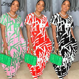 Women Casual Long Dress Print Short Sleeve Maxi Dresses Fashion Pocket O-Neck Female Loose Dress Robe