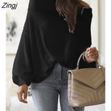 Women Fashion Casual Brief Slash Neck Long Sleeve Autumn Solid Blouse Tops Off Shoulder Lantern Sleeve Ribbed