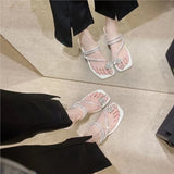 Shoes Women 2025 Summer New Word With Water Drill Clip Sandals Square Head Transparent Thick Heel Wearing Cold