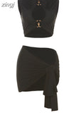 Sexy Hollow 2 Piece Sets Women Metal Decorative Sleeveless Chic Tank Tops+Irregular Hip Skirts Female Party