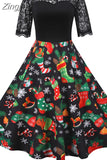 Christmas Dress Women 2023 New Short Sleeve Print High Waist Elegant Vintage Winter Xmas Party Sundress 3XL
