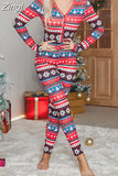 Women Christmas Rompers Pajamas Long Sleeve V Neck Cartoon Snowflake Elk Print Button Up Long Homewear Jumpsuits