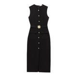 New With Belt Cuffless Sleeveless Fande Dress