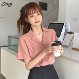 Colors Shirts Women Colorful Simple Notched Sweet Girls Korean Tops Leisure Short Sleeve Student All-match Version Female