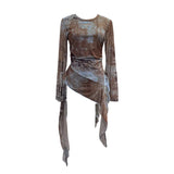 Shooting Babes Long Sleeves And Jersey Net Yarn Dye Printing Irregular Lotus Leaf Edge Ribbon Folding Top