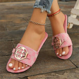Slippers Letter Metal Buckle Cool Slippers Women's Summer Large-Size Leisure Flat-Bottomed