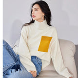 Women's Fall Winter Turtleneck Knitted Sweater Chic Design Style Patchwork Pocket Pullover 2023 Fashion Aesthetic Soft