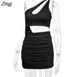 One-shoulder Sexy Cut Out Skinny Dresses Women Double Layer Shirred Backless Club Party Dress Ladies Fashion