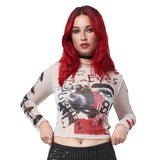 Spring 2024 New Round Collar Collar Long-Sleeved Mesh Printing Umbilical Casual Women's
