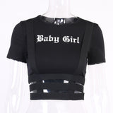 Zingj Sexy Slim Short Sleeve Letter Print T-Shirt Irregular Hollow Out Crop Bottom