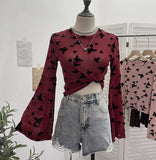 Real Shooting Spice Girl Butterfly Shiny Shiny Mesh Yarn Long-Sleeved T-Shirt Horn Sleeve Short Repair Body Jacket