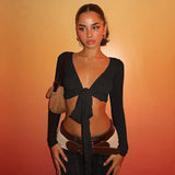 2025 New Fashion Spice Girls Solid Color Sexy V Tie With Supple Short-Anxed Long-Sleeved Shirt