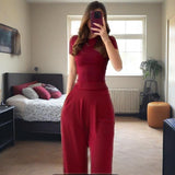 Summer New Women's Round Neck Solid Color Wide Leg Pants Commuting Leisure Suit