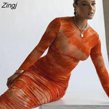 Tie-Dye Print Ruched Christmas Dress For Women Long Sleeve Sexy Bodycon Winter Dress Elastic Pleated Casual Party