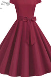 Women Vintage Dress 50S 60S Short Sleeve Casual Elegant Retro Office Party Midi Dress Robe Femme Solid