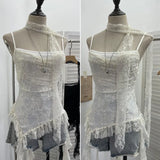 Lace Splicing Irregular Lotus Leaf Edge Ribbon Sling Vest Round Neck Sexy Sleeveless Top