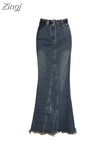Women High Waist Pleated Ruffled Blue Denim Skirts Women Slim Hip Mermaid Skirt Woman Chic Skirts Femme Autumn Winter 2023