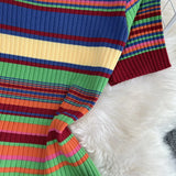 Zingj Socialite Wind Temperament Short Sleeve Rainbow Stripe Round Collar Waist Show Thin Long Knit Bag Hip Dress
