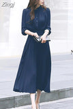 Single Breasted Chiffon Dress Women Pleated Dresses Full Sleeve Slim Waist A-line Casual Female Long Dress Vestidos