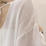 Women Solid Color Minimalist Long Sleeve Fairy Elegant V-neck Knitting Thin Breathable Soft Casual Basic Sun-proof