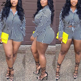 Fashion Sporting Women set Striped Print Button Shirt Top Skinny Shorts Suit Two Piece Set Elegant
