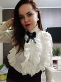 Ruffle Lace Chiffon Shirt Spring Sweet Chic Long Puff Sleeve Women Blouse Apricot Tops Stand Collar Clothes Blusas