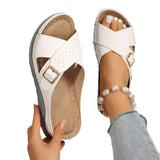 New Flat Bottom Leisure Slippers Cross Belt Buckle Solid Color Beach