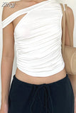 White Irregular Neck Off Shoulder Causal Tank Summer Streetwear 2023 Sleeveless Women Ruched Slim Fit Mini Vest