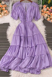 Women Beading Party Dress Vintage V-Neck Short Puff Sleeve High Waist Ruffle Draped Robe Vacation Beach Vestidos 2023