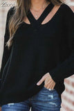 Solid Women Knitted Sweaters Casual V Neck Long Sleeve Pullover Tops Autumn Winter Ladies Loose Knitwear
