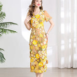 Banquet Famous Wind V-Neck Short-Sleeved Body-Brace Three-Dimensional Flower Lace Dress 2025