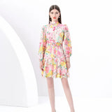 High-End Squeer Hook Lace Dress Women's Waists Thin High-Collar Lantern Sleeves A-Shaped