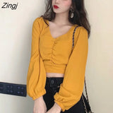Women Solid Spring New Arrival Retro Puff Sleeve Tunic Crop Top Elegant Sexy Bodycon Long Sleeve Shirt Korean Lady