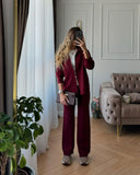 Angolan Red Sweater Set Zipper Jacket + Wide Leg Trousers Knitted Casual Women's