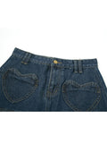 Waist Y2k Pleated Denim Skirt Women Casual Love Graphic Pocket Blue Washed Mini Skirt Summer 2023 Streetwear E-girl