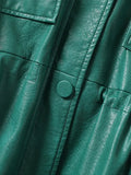 Spring Autumn Luxury Green Black Beige Leather Jacket Women with Drop Shoulder Long Sleeve Drawstring Pockets