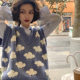 Vest Women Retros Fashion Cute Clouds Printed V-neck Korean Style Loose Sleeveless All-match College Student
