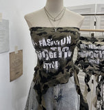 Shooting Hottie Camouflage Letter Print Chest Vest With Chest Pad Irregular Ribbon Short Top