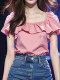 Leaf Side Pink Short-Sleeved Shirt Women 2025 Summer New Temperament Super Fairy Square Shirt French